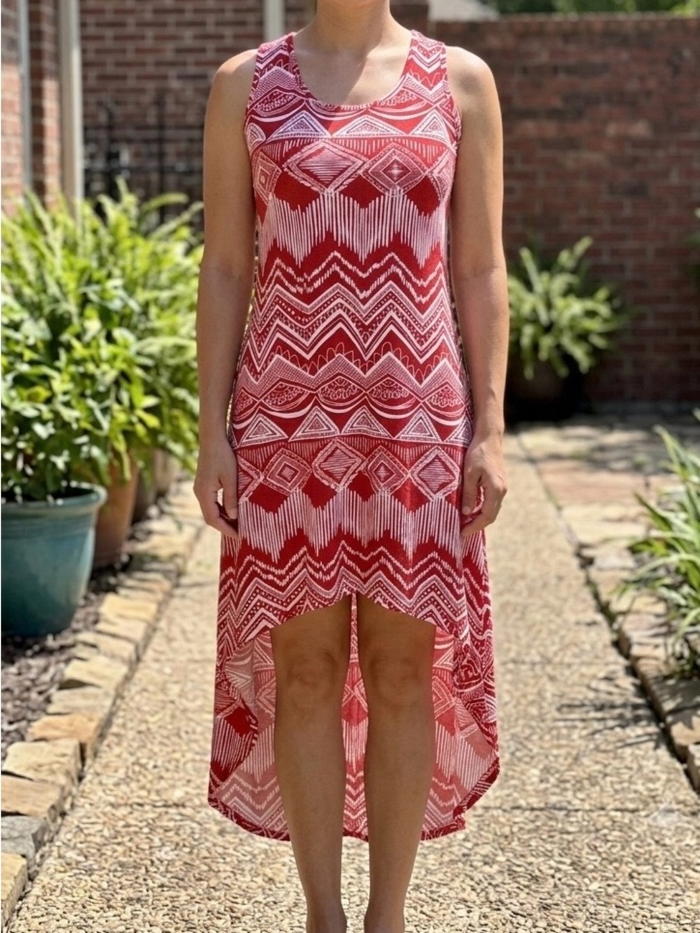 Magazine Red White Geometric Aztec Tribal Print Tank High Low Sun Dress Sz M EUC